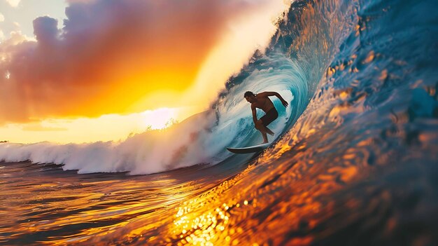 Surfer rides a big wave The sun is setting and the sky is orange The wave is blue and green The surfer is in a wetsuit