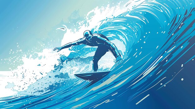 Surfer rides a big wave The wave is crashing down on the surfer but the surfer is holding his balance The surfboard is cutting through the water