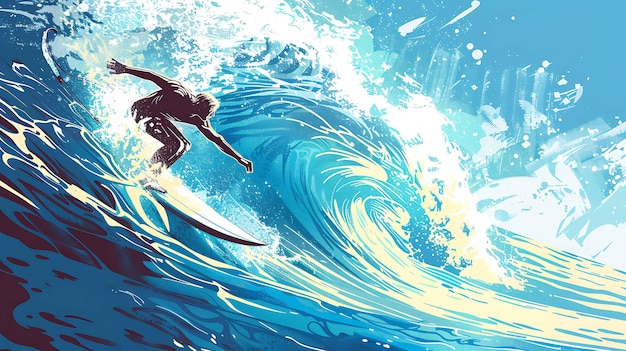 Surfer rides a big wave The wave is crashing over him but he is holding on tight The surfboard is cutting through the water