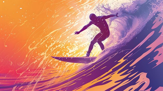 Surfer rides a big wave The wave is orange and purple the surfboard is white The surfer is in a wetsuit