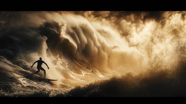 Photo surfer rides a huge wave the wave is lit by the sun and the sky is dark the surfer is silhouetted against the wave