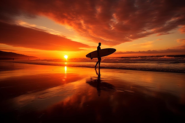 Surfer Rides Ocean Wave During Sunset Generative AI