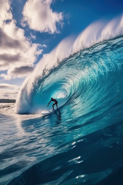 Photo a surfer rides a wave in the ocean with the sky in the background