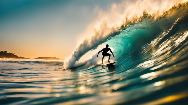 a surfer rides a wave at sunset in the ocean