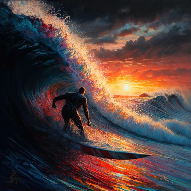 a surfer rides a wave in the sunset