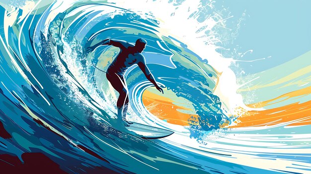 Surfer rides the wave Vector illustration in flat colors