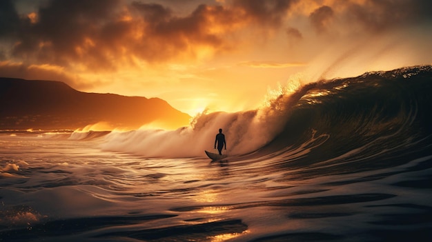 A surfer rides a wave with the sun setting behind him.