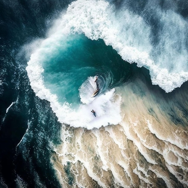 A surfer rides a wave with a wave in the background.