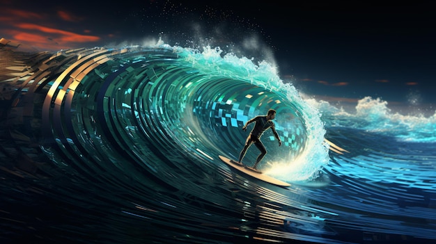 写真 大きなバレルの波に乗るサーファー