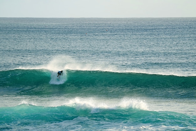 Surfer riding on the huge waves in Pacific ocean at Hanga Roa, Easter island, Chile