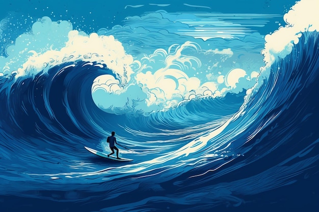 Surfer riding a large wave in the ocean on a blue day generative ai