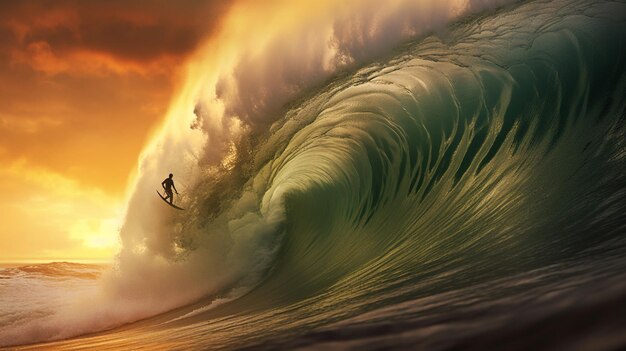 A surfer riding a massive wave to the shore