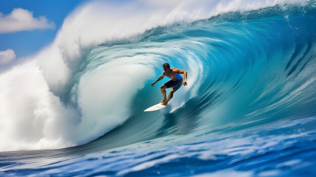 Foto surfer che cavalca un'onda enorme in una competizione sulla spiaggia tropicale