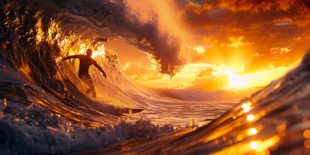 Foto surfer riding wave bij majestic sunsetxa