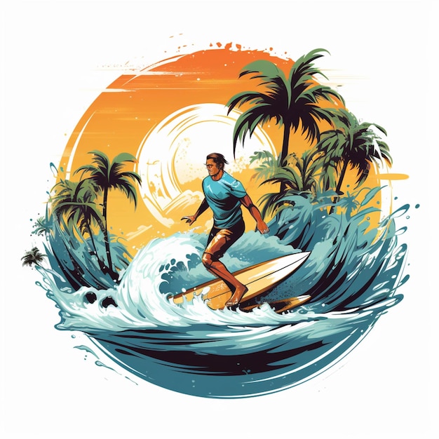 Surfer riding a wave in the ocean with palm trees in the background generative ai