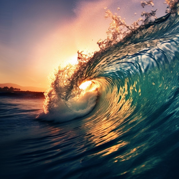 Surfer riding a wave at sunset on a clear day generative ai