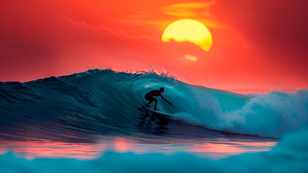 Surfer Riding Wave at Sunset Extreme Sports Ocean Adventure Freedom Concept