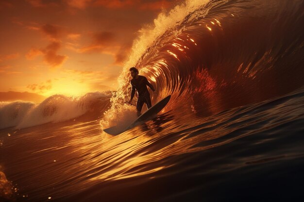 해가 지는 동안 파도를 타고 서핑하는 서퍼, 제네레이티브 아이의 마법