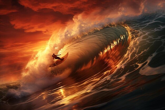 a surfer riding a wave in a sunset