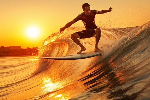 Surfer riding a wave at sunset