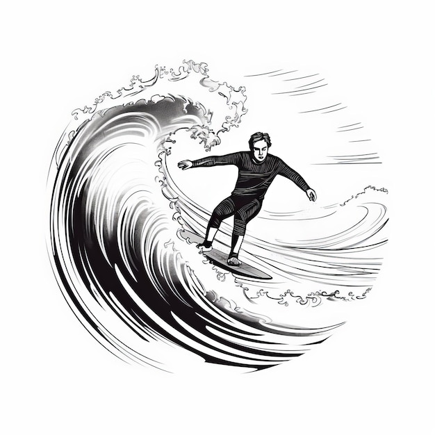 Foto surfer riding wave warmcore stijl single line tekening