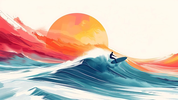 太陽が彼の後ろに沈む波に乗っているサーファー