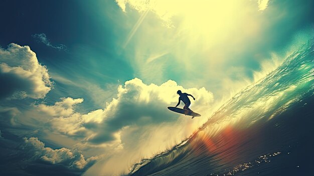 Surfer Riding Waves under Dramatic Sunset Sky