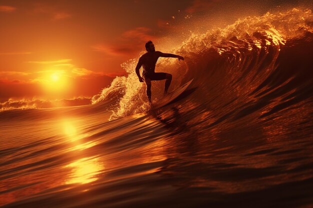 Surfer rijdt op een golf bij zonsondergang de magie van Generative ai