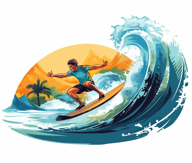 Surfer rijdt op een golf in de oceaan met palmbomen op de achtergrond generatieve ai