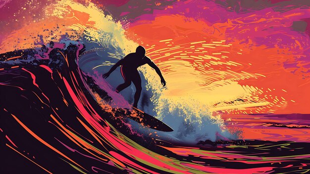 Surfer rijdt op een grote golf Kleurige abstracte achtergrond Vector illustratie