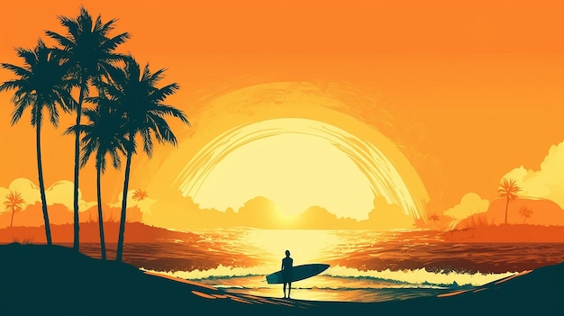 Surfer silhouette on beach with sunset paradise vintage Generative AI