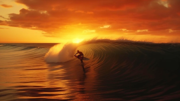 Surfer Silhouette Rijdend op de Sunset Wave Generatieve ai