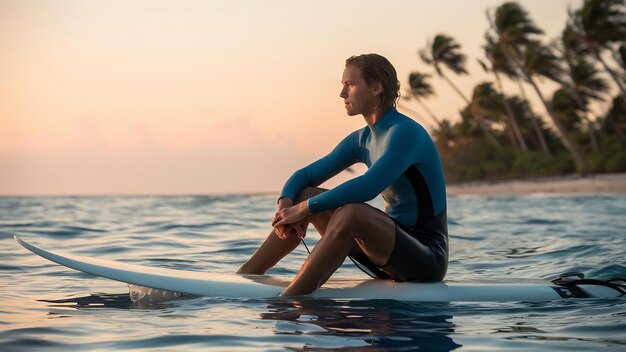 Surfer sitting in the ocean at sunset