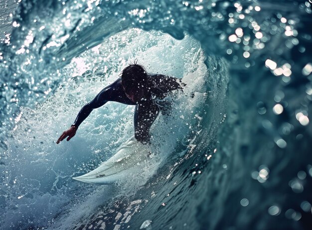 The surfer skillfully rode a shining crystal blue wave illuminated by light