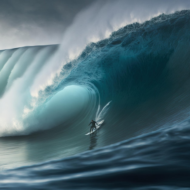 Surfer surfen op golvende zee met opspattend water generatieve AI