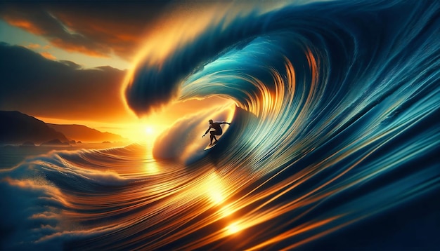 写真 サーファーは夕暮れに大きな波をサーフィンします