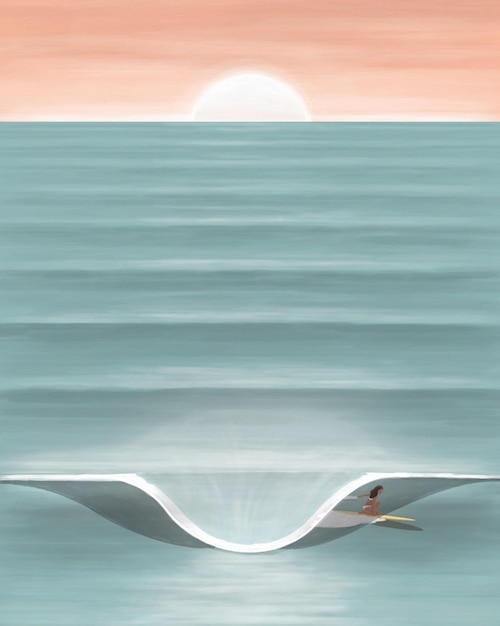 Surfer surft op de strandgolf zee illustratie voor banner sjabloon achtergrond