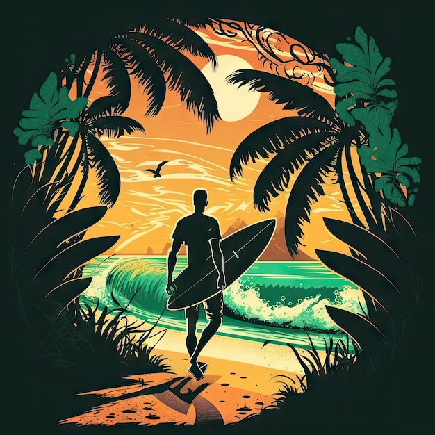 Surfer on tropical summer beach sunrise sunset on sunny coastline in jungles man surfer at sea sunny landscape ai generated illustration Surf board on sandy tropical beach sand on bay