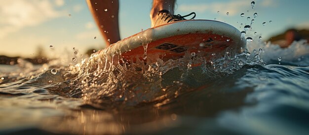 Foto surfer voeten op een surfplank op een golf