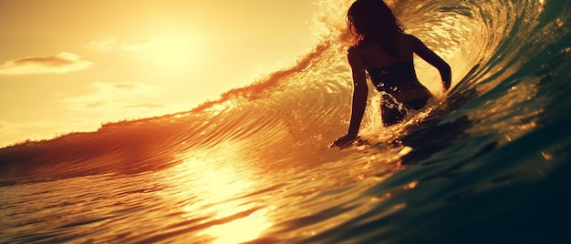surfer vrouw met surfboard duiken onder water met oceaangolf