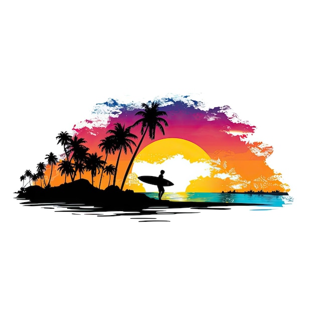 Photo surfer walking silhouette top of tropical beach white background colorful vibrant ai generated