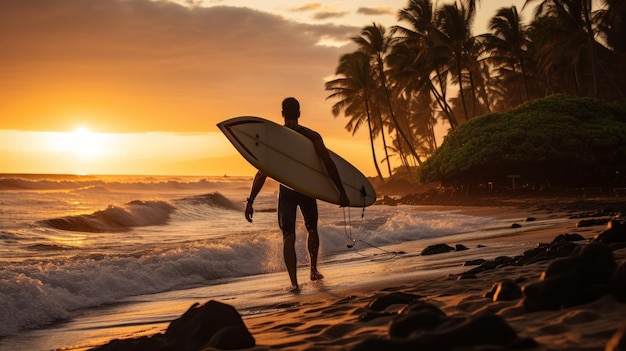 写真 夕暮れ時のビーチでサーフボードを持つサーファー