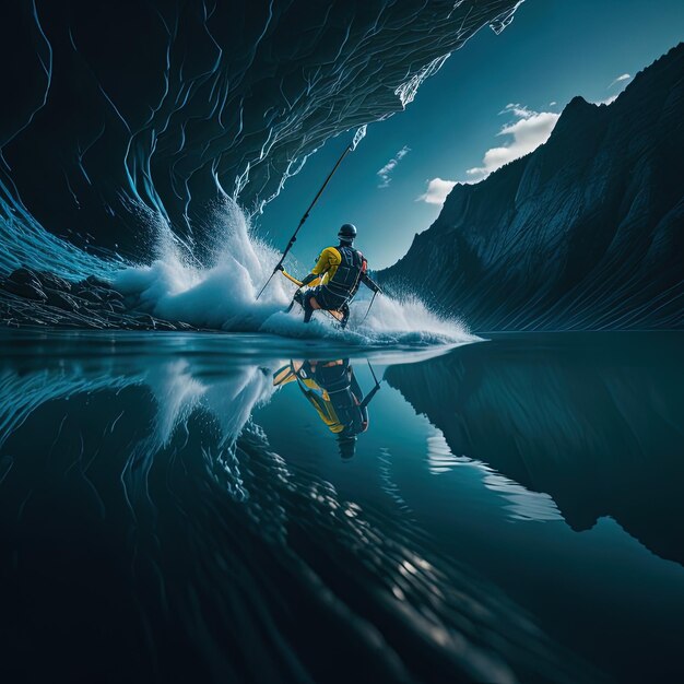 洞窟で波に乗る黄色のウェットスーツを着たサーファー