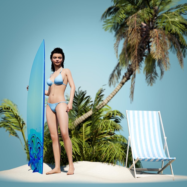 Surfermeisje die met raad op het zandige strand lopen Surfer femaleBeautiful jonge vrouw op het strand 3d illustratie render