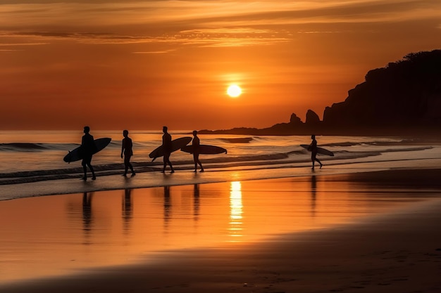 Surfers on the beach at sunset with a sunset in the background