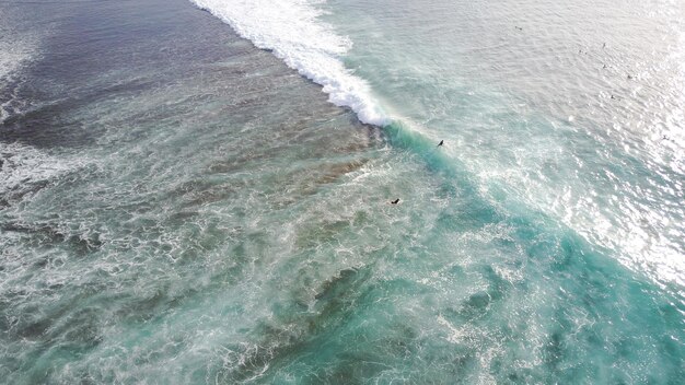 Surfers catch waves on the beach of Bali Uluwatu