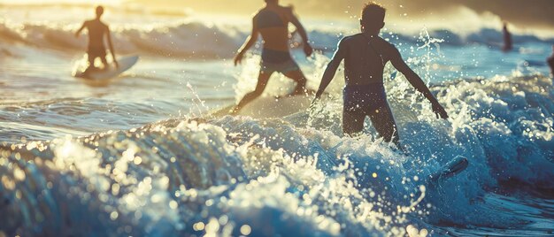 Surfers Catching Waves at Golden Hour