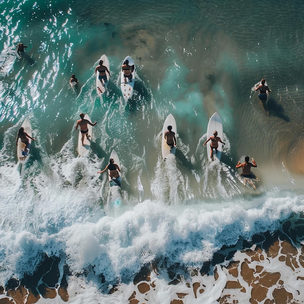 Surfers Catching Waves at Golden Hour