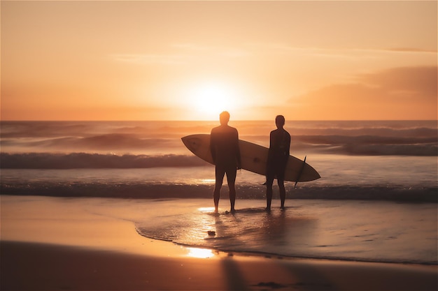 Surfers running in the ocean waves with their long boards focus is on power and vastness of ocean