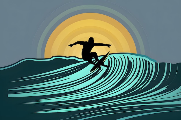 Photo surfers silhouette rides wave with sun backdrop captivating illustration